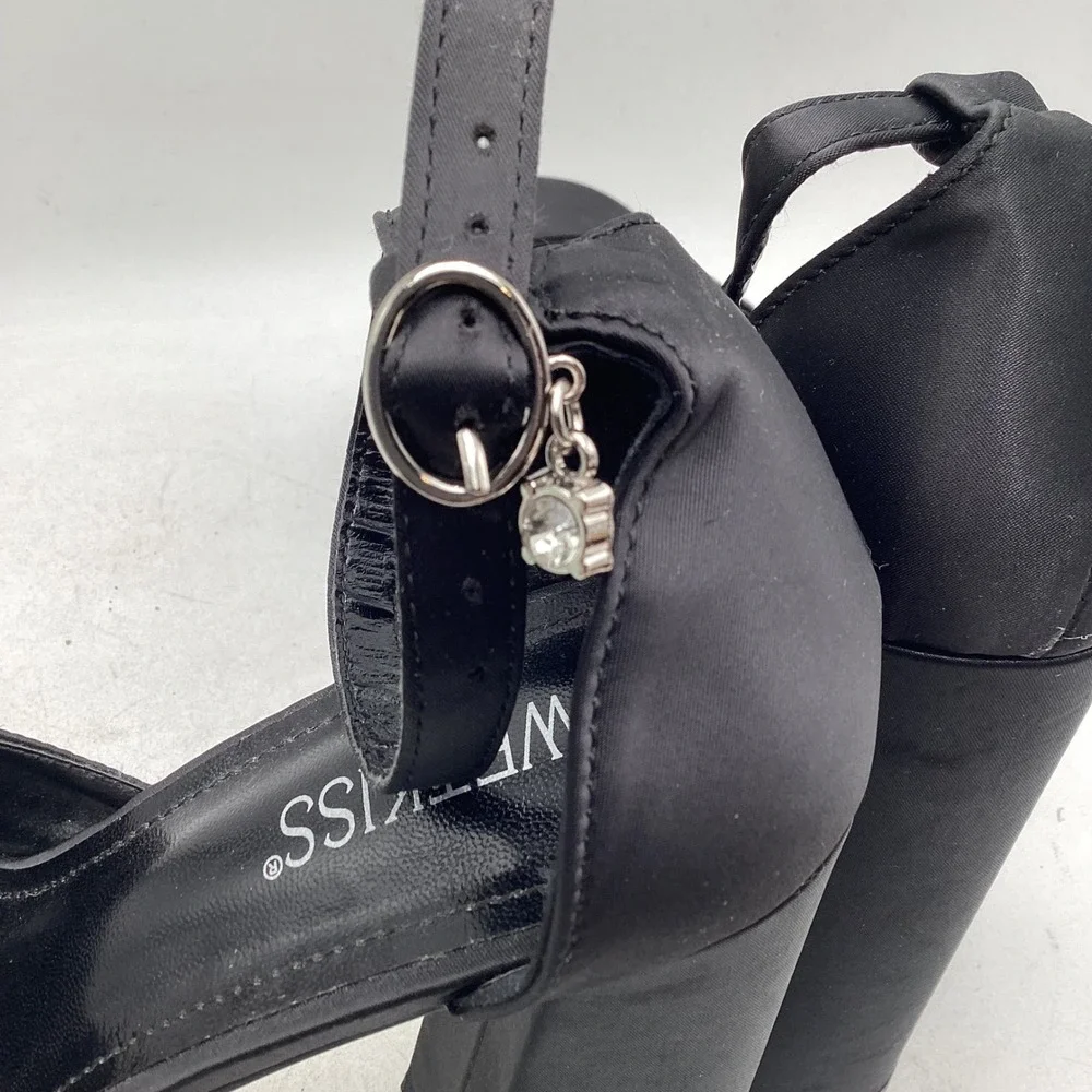 Wetkiss Black Satin Double Platform Block Heel Square Toe Ankle Strap Pumps 9.5